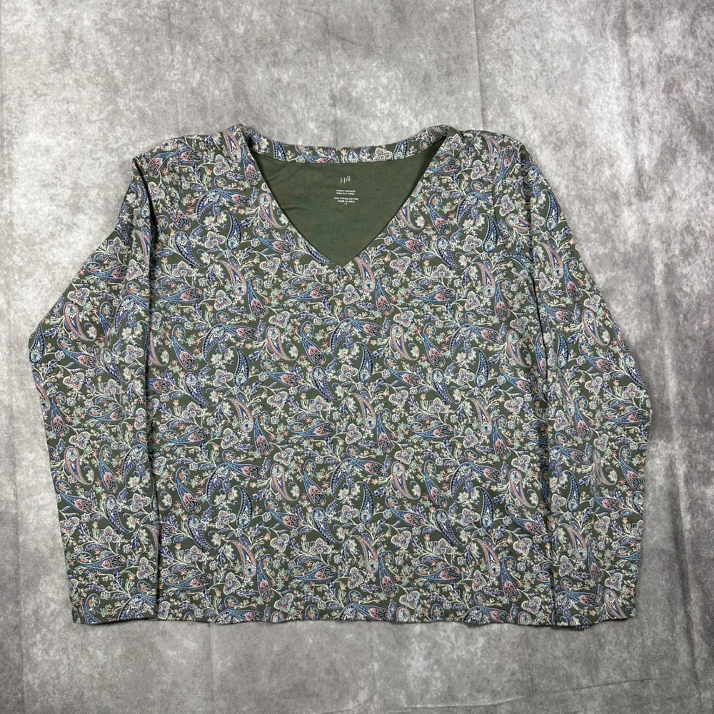 J. Jill Simply Supima Tunic Green Paisley V-Neck Cotton Top Small Lagenlook Boho
